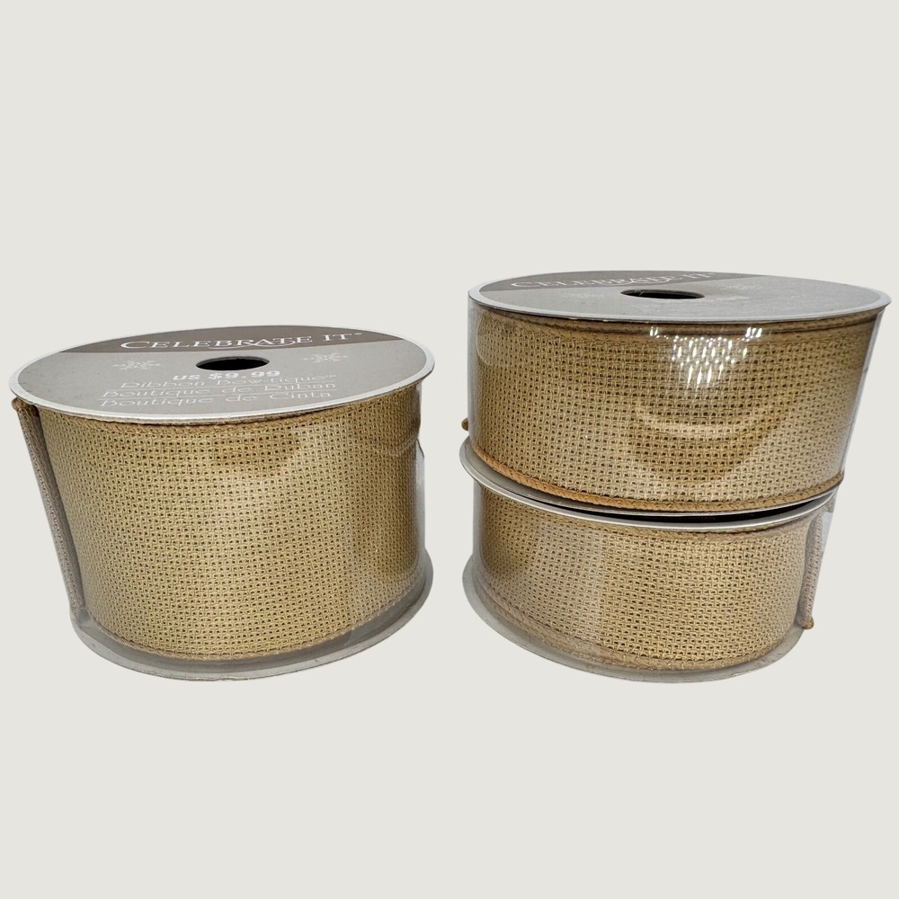 Celebrate It Wired Edge Burlap Ribbon Lot 3 Spools Natural Tan 75ft Total DIY